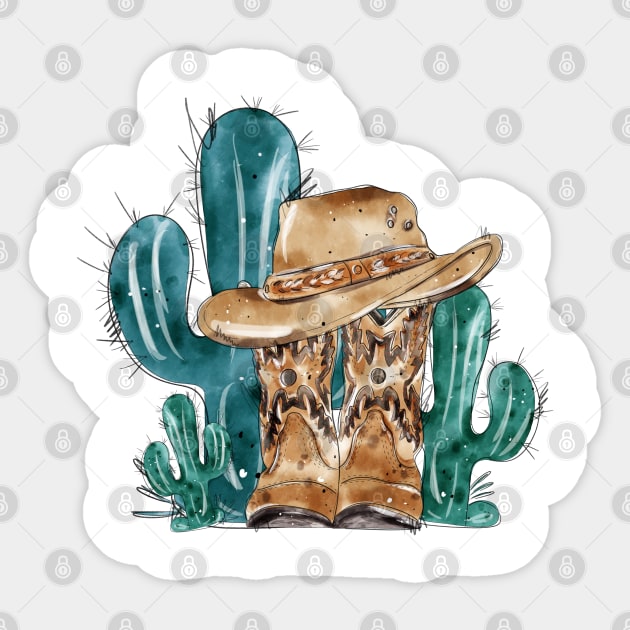 Cowboy hat with boots.Cactus Sticker by HJstudioDesigns